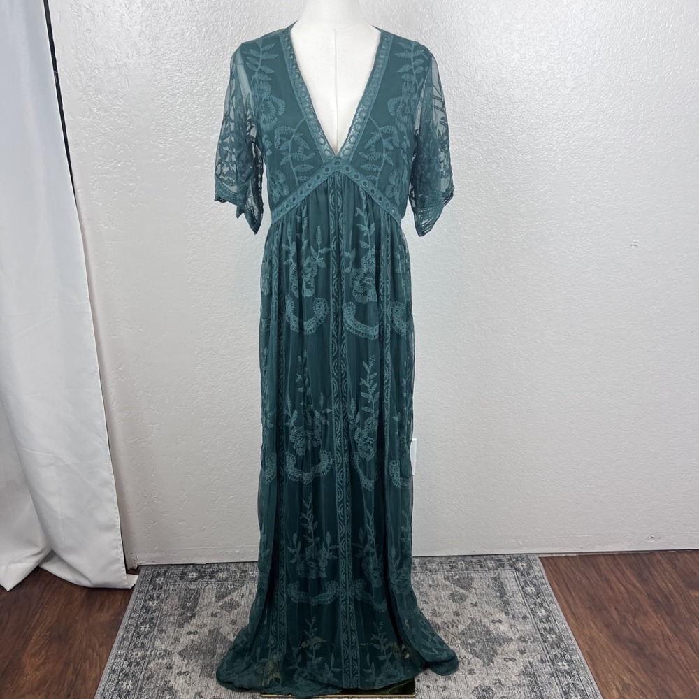 Pink Blush Maternity Maxi Dress Womens Medium Forest Green Lace Mesh Overlay
